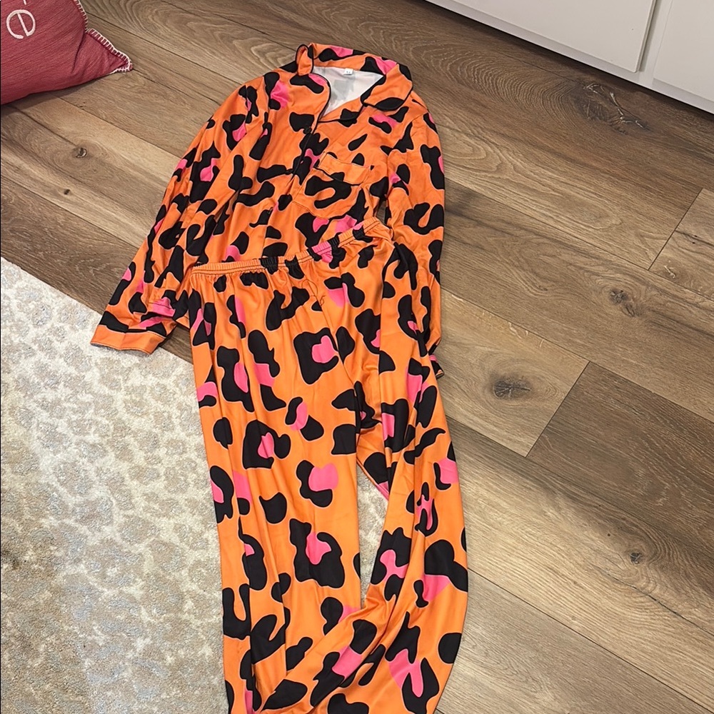 Orange and Pink Leopard Print Pajama Set